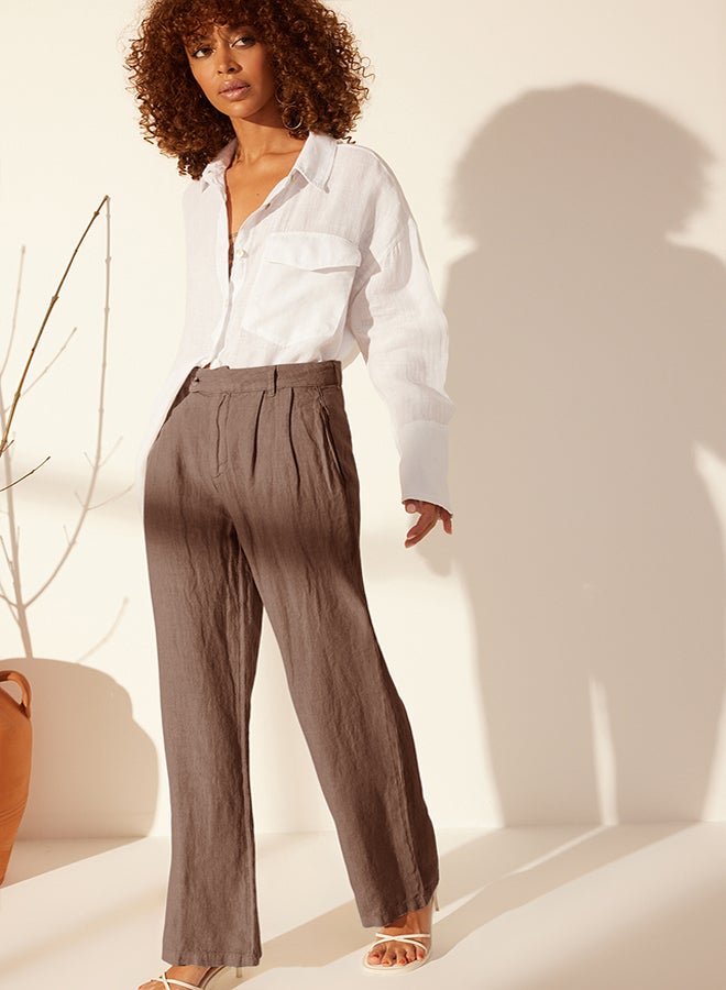 trendyol Brown 100% Linen Pleated High Waist Wide Leg Trousers TWOSS24JE00245 - Image 3