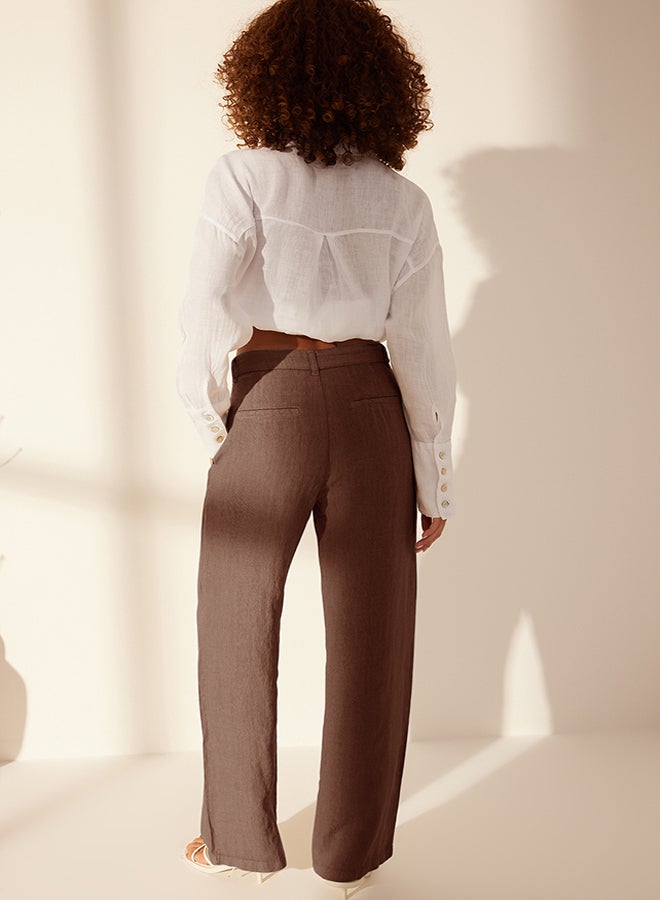 trendyol Brown 100% Linen Pleated High Waist Wide Leg Trousers TWOSS24JE00245 - Image 4