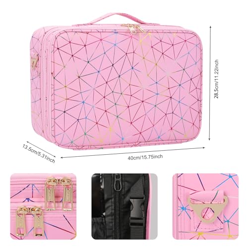 MONSTINA Professional Makeup Case Bag|3 Layers Large Capacity Cosmetic Organizer Brush Bag,Barber Train Case Makeup Artist Box,PU Leather Stylish Geometric Reflection Patterns Pink - Image 2