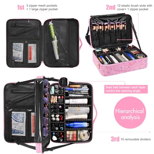 MONSTINA Professional Makeup Case Bag|3 Layers Large Capacity Cosmetic Organizer Brush Bag,Barber Train Case Makeup Artist Box,PU Leather Stylish Geometric Reflection Patterns Pink - Image 3