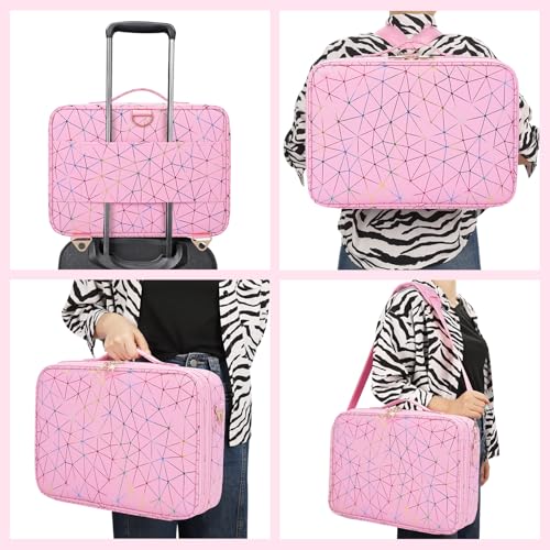 MONSTINA Professional Makeup Case Bag|3 Layers Large Capacity Cosmetic Organizer Brush Bag,Barber Train Case Makeup Artist Box,PU Leather Stylish Geometric Reflection Patterns Pink - Image 5