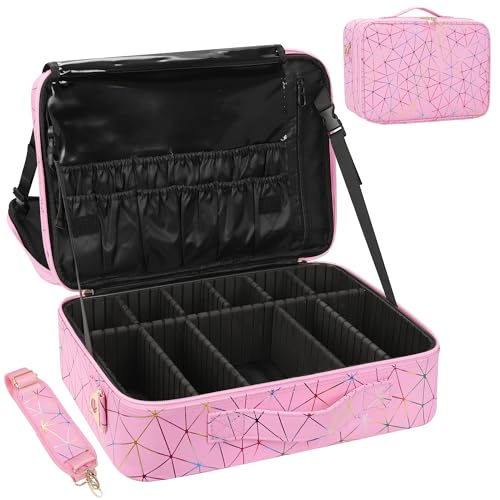 MONSTINA Professional Makeup Case Bag|3 Layers Large Capacity Cosmetic Organizer Brush Bag,Barber Train Case Makeup Artist Box,PU Leather Stylish Geometric Reflection Patterns Pink - Image 1
