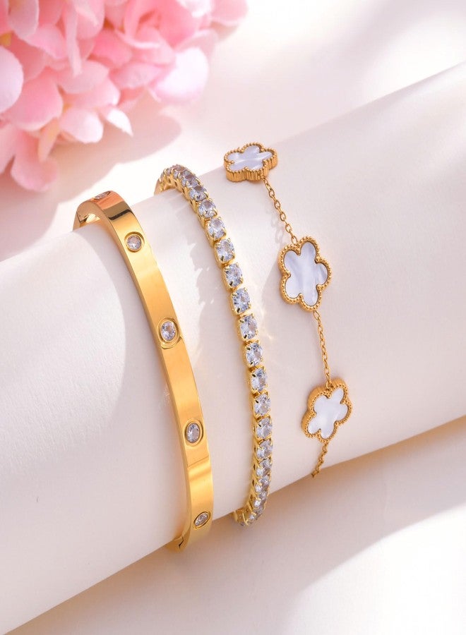 MPRAINBOW مجموعة أساور زهور قابلة للتكديس من الفولاذ المقاوم للصدأ مطلية بالذهب عيار 18 قيراط، سلسلة أساور غير قابلة للتأكسد، هدايا مجوهرات عصرية لصديقة، عيد الميلاد، عيد الحب، عيد الميلاد، أبيض، 3 قطع - Image 4