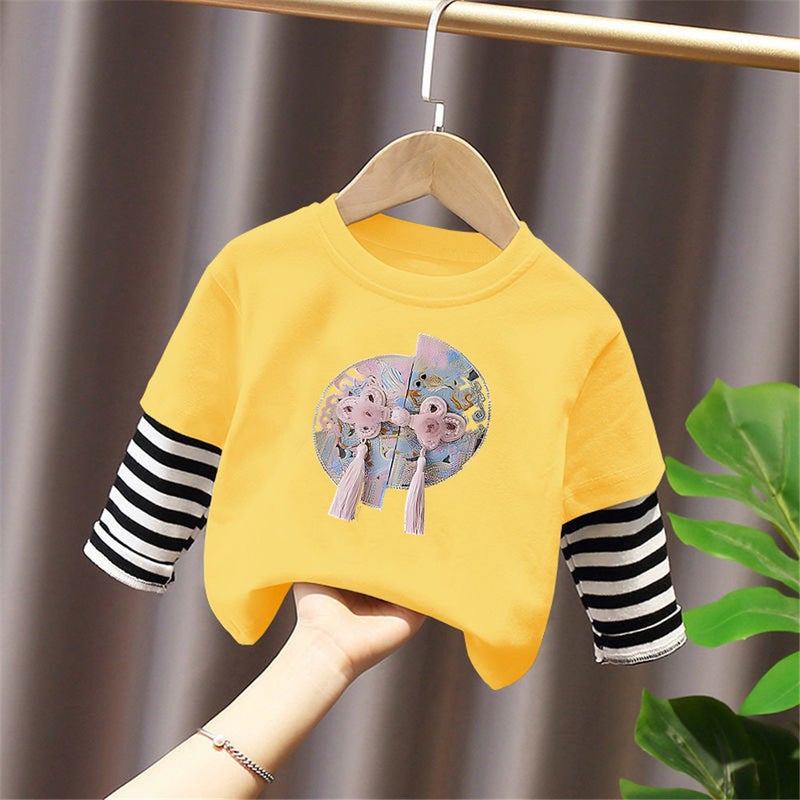 G2395# Cotton Girls Stitching Striped Long Sleeve T-Shirt New Children'S Fake Two-Piece National Style Casual T-Shirt - Image 1