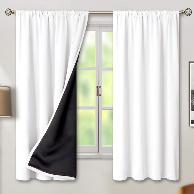 THERMAL INSULATED 100 BLACKOUT CURTAINS FOR BEDROOM WITH BLACK LINER DOUBLE LAYER FULL ROOM DARKENING NOISE REDUCING ROD POCKET CURTAIN 42 X 63 INCH PURE WHITE 2 PANELS