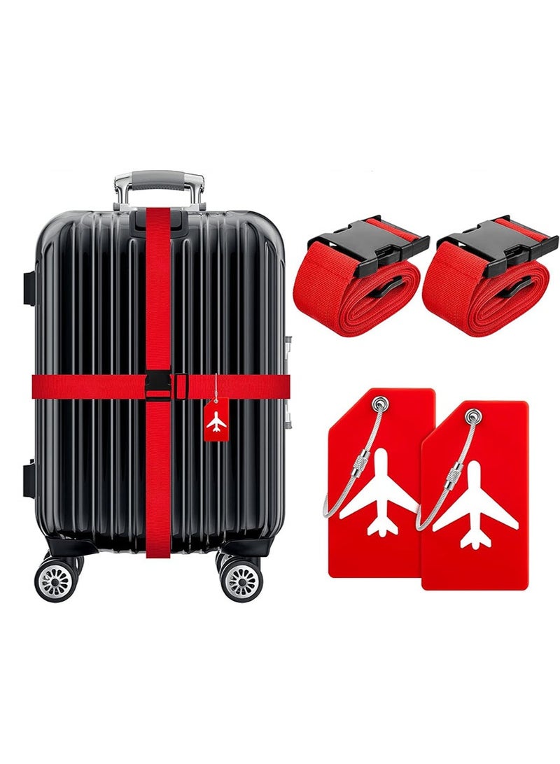 4 Piece Luggage Straps Suitcase Tags Set for TSA Approved, 2 Travel Adjustable Suitcase Belt, 2 Silicone Luggage Tags with Name ID Card Travel Accessories,Red - Image 1