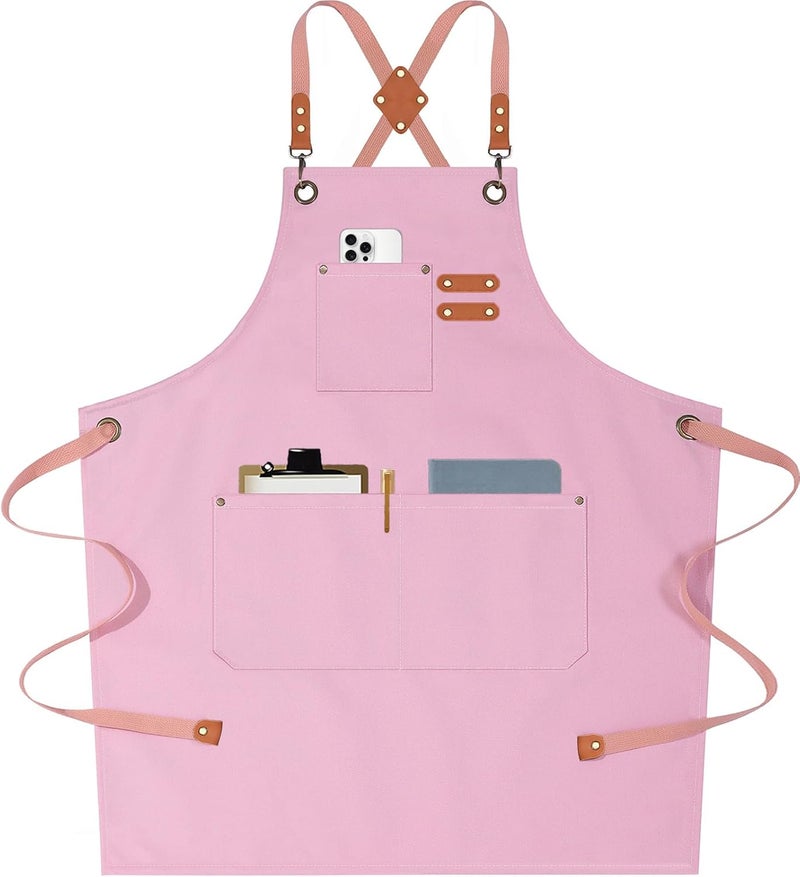 AFUN Chef Aprons for Men Women with Large Pockets, 16oz Cotton Canvas Cross Back Heavy Duty Work Apron (Light Pink) - Image 1