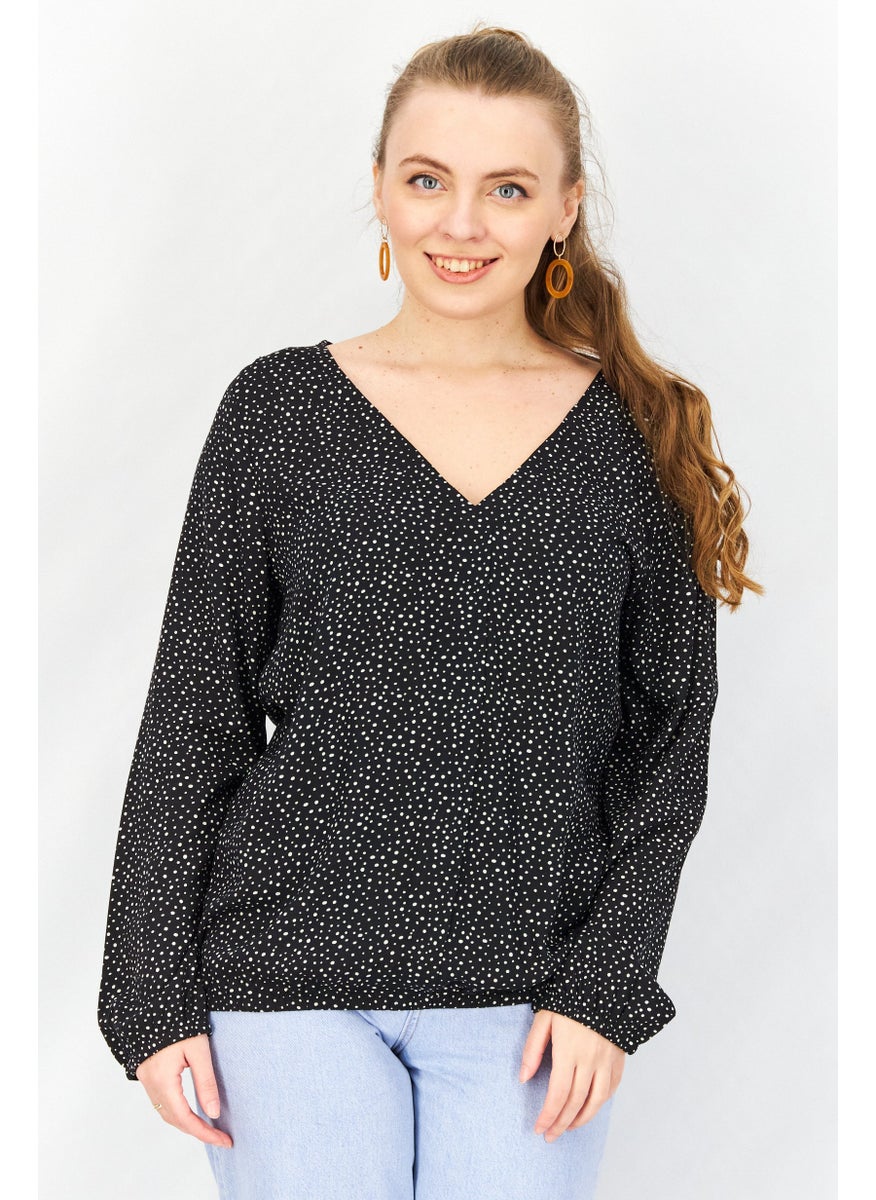 EDC Women V-neck Long Sleeve Polka Dot Print Top, Black  - Image 1