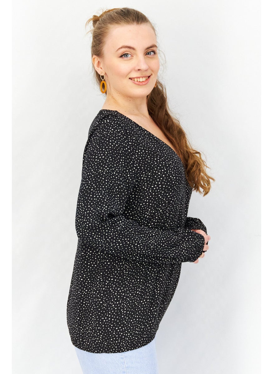 EDC Women V-neck Long Sleeve Polka Dot Print Top, Black  - Image 3