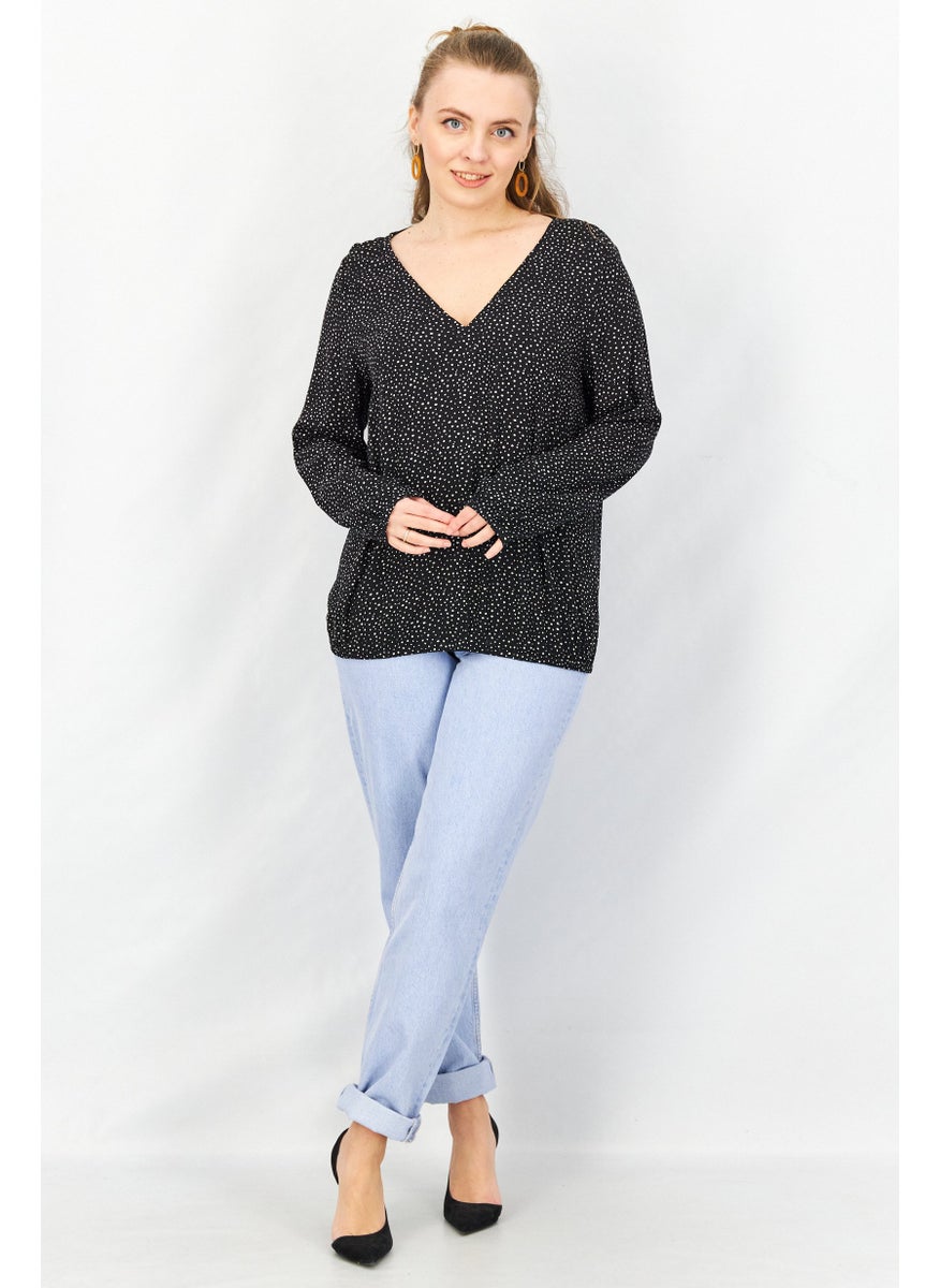 EDC Women V-neck Long Sleeve Polka Dot Print Top, Black  - Image 2