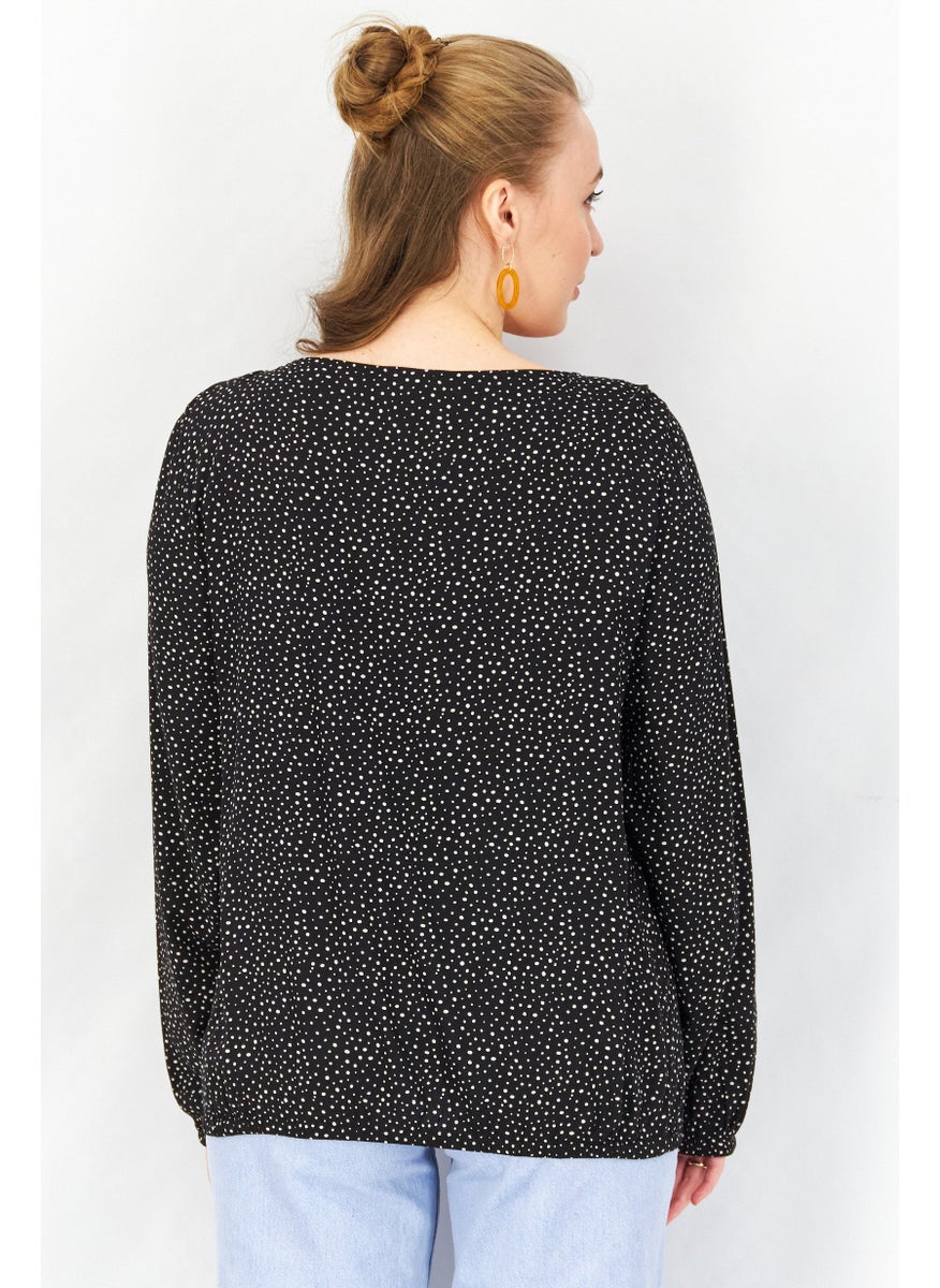 EDC Women V-neck Long Sleeve Polka Dot Print Top, Black  - Image 4