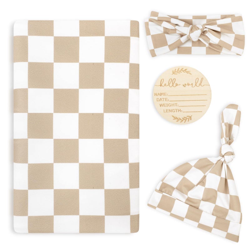 TANOFAR 4-Pack Newborn Swaddle Blanket for Baby Girls & Boys, Ultra Soft Receiving Blankets with Matching Headband and Beanie Set Baby Nursery Swaddle Wrap, Light Brown Checkerboard - Image 1