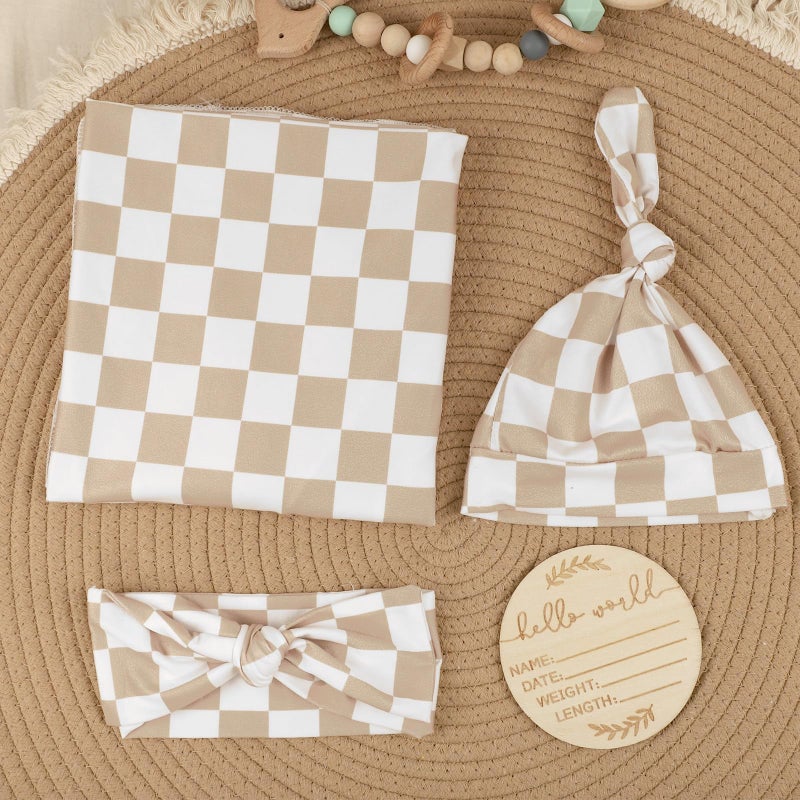 TANOFAR 4-Pack Newborn Swaddle Blanket for Baby Girls & Boys, Ultra Soft Receiving Blankets with Matching Headband and Beanie Set Baby Nursery Swaddle Wrap, Light Brown Checkerboard - Image 5