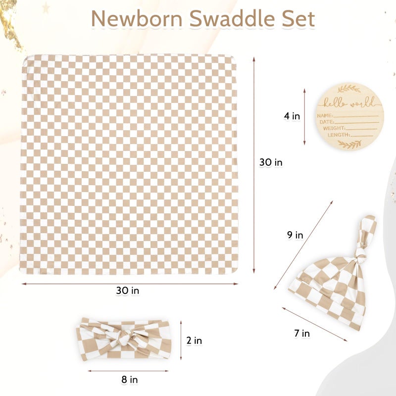 TANOFAR 4-Pack Newborn Swaddle Blanket for Baby Girls & Boys, Ultra Soft Receiving Blankets with Matching Headband and Beanie Set Baby Nursery Swaddle Wrap, Light Brown Checkerboard - Image 3