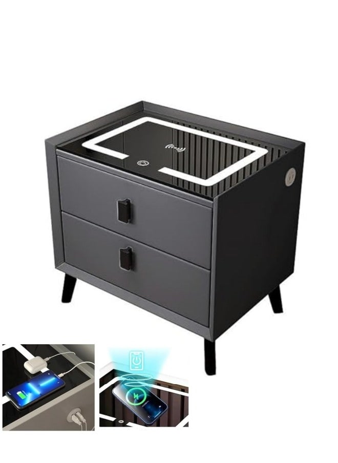 GGEROU Smart Nightstands with Wireless Charging Station, USB Port, Modern Nightstands with 3 Color LED Lights, Wooden End Side Table for Bedroom, Dorm, 2 Storage Drawers (Dark Grey)  - Image 1