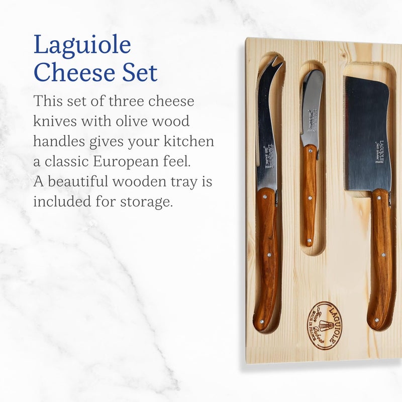 Jean Dubost Jean Dubost Laguiole Rustic Range 3-Piece Cheese Knife Set, Olive Wood Handles - Rust-Resistant Stainless Steel - Includes Wooden Tray - Made in France  - Image 2