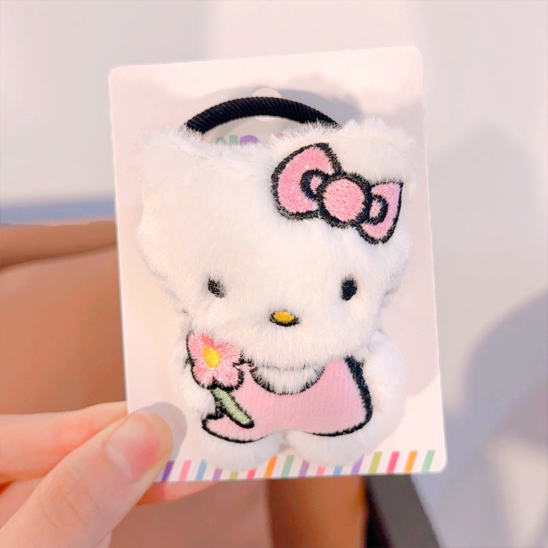 Loquat New Cartoon HelloKitty Plush Hair Ties Elastic No-Damage Clips Pink kt cat hair tie