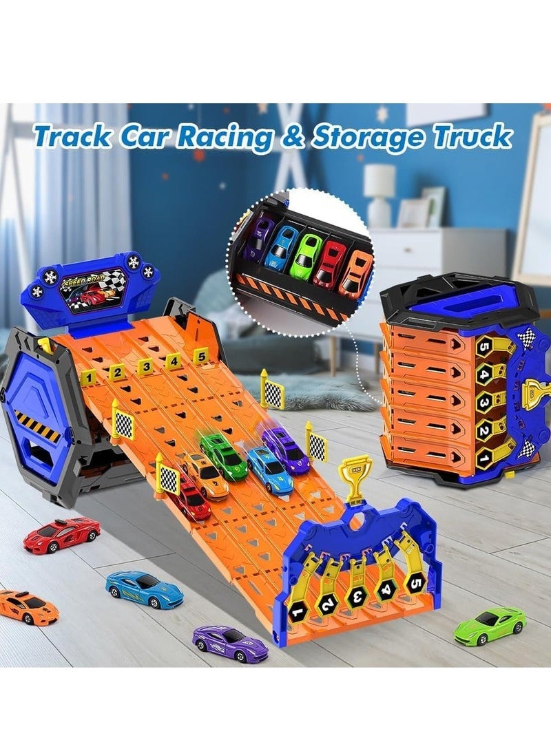 دوركو ترقية 5 مسار شاحنة النقل لعبة مع 5 سيارات سباق، المحمولة مسار سباق شاحنة لعبة السيارة، أفضل هدايا ناقل شاحنة المركبات لعبة مجموعة للأطفال الأولاد البنات - Image 2