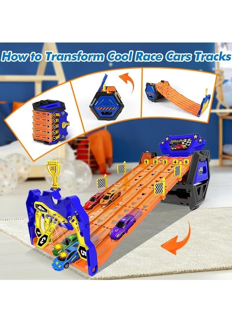 دوركو ترقية 5 مسار شاحنة النقل لعبة مع 5 سيارات سباق، المحمولة مسار سباق شاحنة لعبة السيارة، أفضل هدايا ناقل شاحنة المركبات لعبة مجموعة للأطفال الأولاد البنات - Image 3
