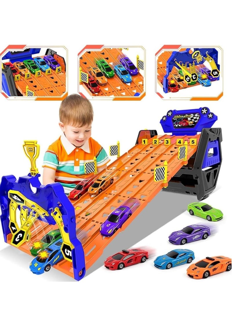 دوركو ترقية 5 مسار شاحنة النقل لعبة مع 5 سيارات سباق، المحمولة مسار سباق شاحنة لعبة السيارة، أفضل هدايا ناقل شاحنة المركبات لعبة مجموعة للأطفال الأولاد البنات - Image 1