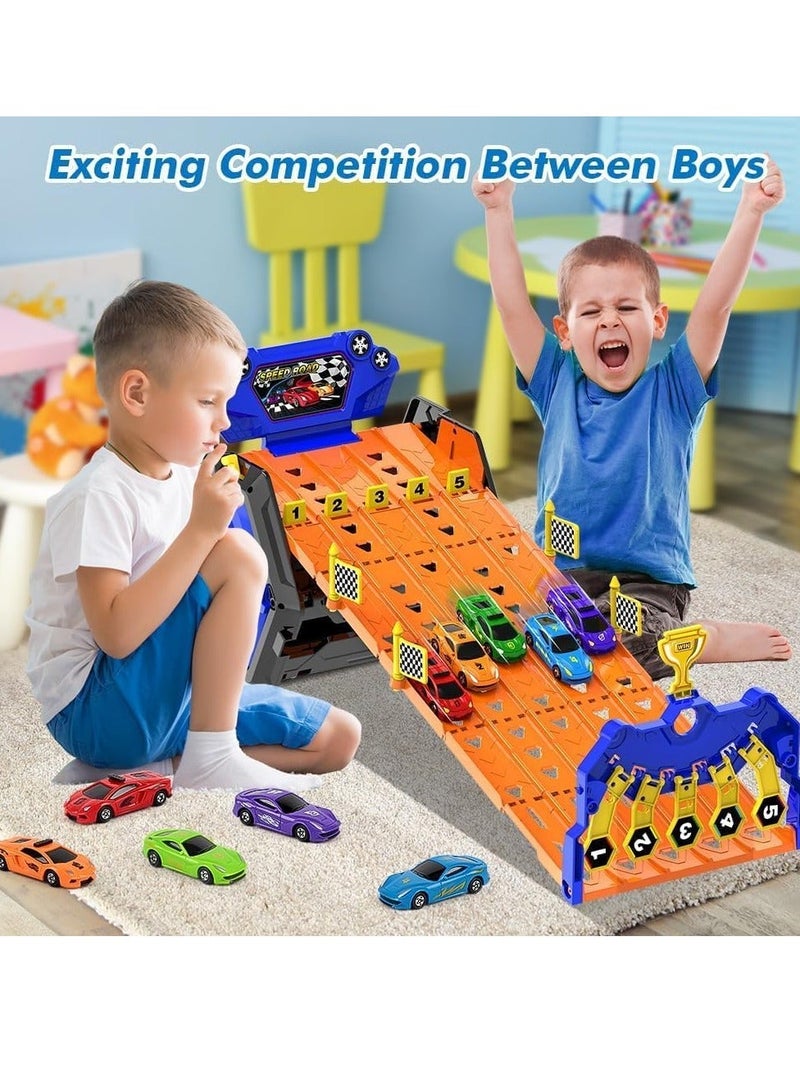دوركو ترقية 5 مسار شاحنة النقل لعبة مع 5 سيارات سباق، المحمولة مسار سباق شاحنة لعبة السيارة، أفضل هدايا ناقل شاحنة المركبات لعبة مجموعة للأطفال الأولاد البنات - Image 4