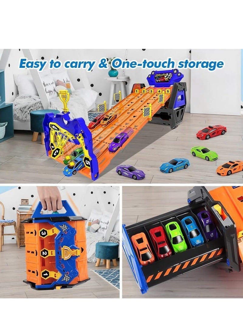 دوركو ترقية 5 مسار شاحنة النقل لعبة مع 5 سيارات سباق، المحمولة مسار سباق شاحنة لعبة السيارة، أفضل هدايا ناقل شاحنة المركبات لعبة مجموعة للأطفال الأولاد البنات - Image 5