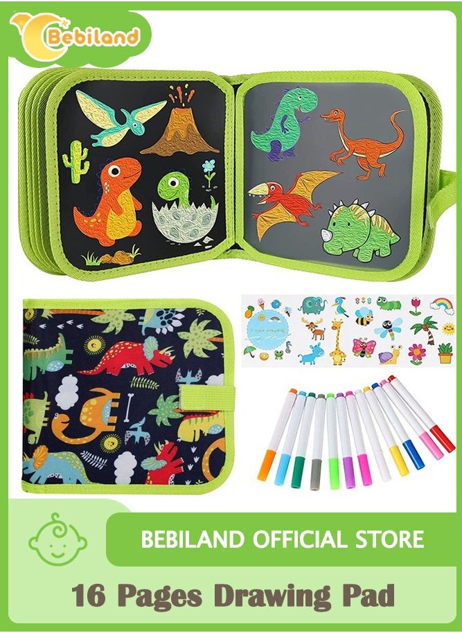 Bebiland - 16 Pages Portable Erasable Drawing Pad Reusable Sketchpad Painting Book with 12 Colored Erasable Pens for Kids Toddlers Green - Image 1