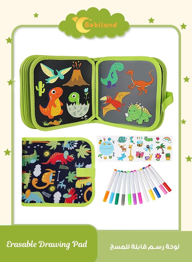 Bebiland 16 Pages Portable Erasable Drawing Pad Reusable Sketchpad Painting Book with 12 Colored Erasable Pens for Kids Toddlers Green - Image 1