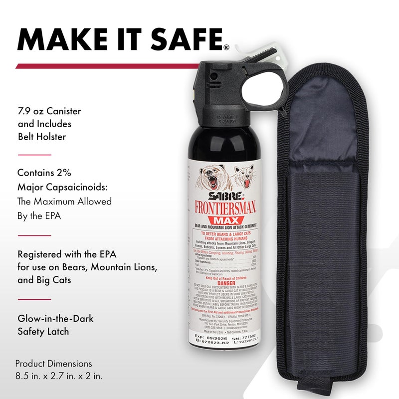 SABRE Frontiersman MAX 7.9 fl oz. Bear & Mountain Lion Attack Deterrent, Up to 40 ft Range, Contains 2% Major Capsaicinoids, Safer for You, Animals & The Environment, Glow-in-The-Dark Safety - Image 2