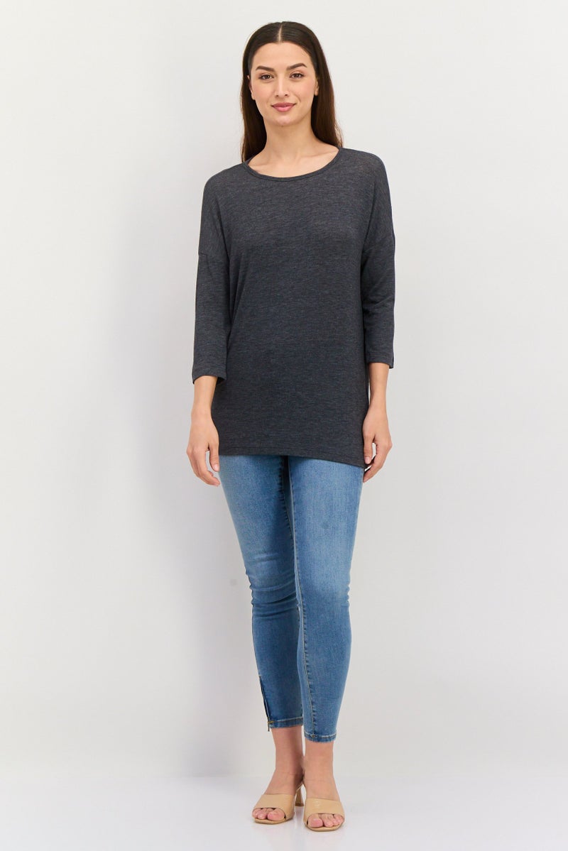 VERO MODA بلوزة نسائية بأكمام قصيرة وياقة دائرية، رمادي فحمي - Image 2