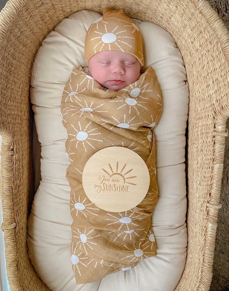 Miaoberry 100% Organic Sunshine Baby Muslin Swaddle Blankets for Boy or Girl with Hat and Wooden Hello World Newborn Sign, Gender Neutral Newborn Photography Outfits, Unisex Birth Announcement Sign - Image 2