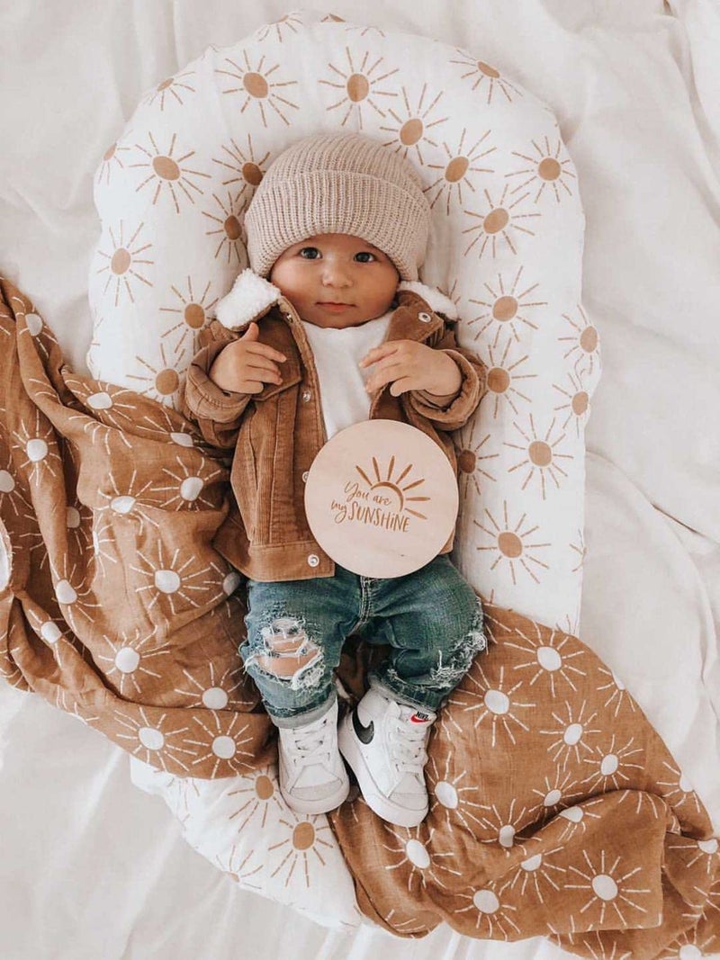 Miaoberry 100% Organic Sunshine Baby Muslin Swaddle Blankets for Boy or Girl with Hat and Wooden Hello World Newborn Sign, Gender Neutral Newborn Photography Outfits, Unisex Birth Announcement Sign - Image 4