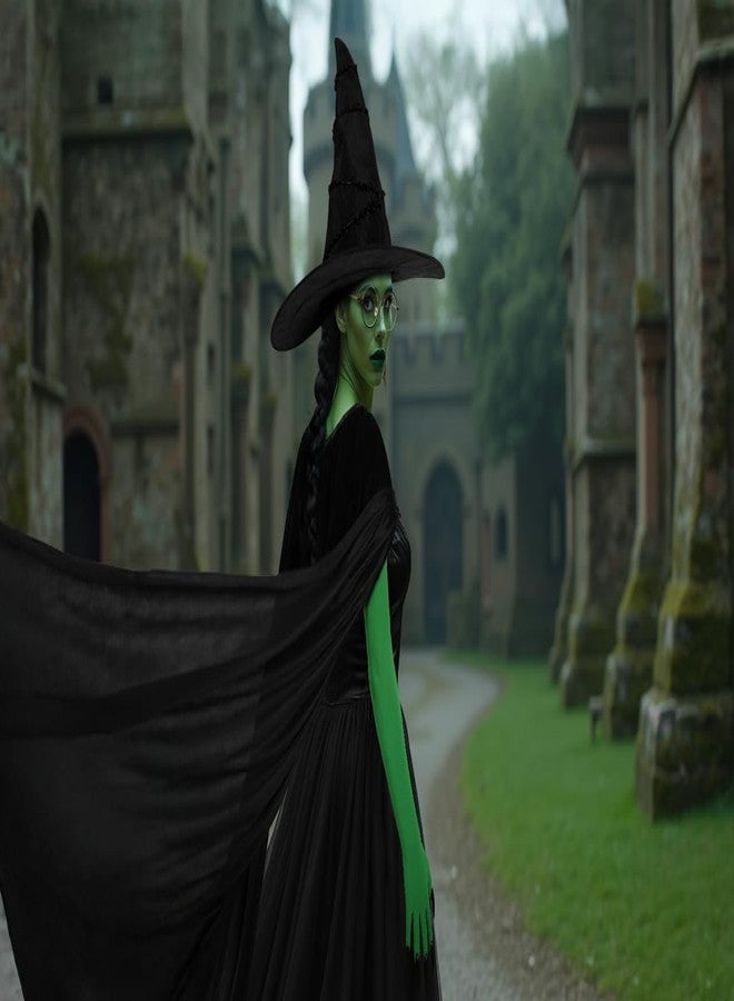 JEGERMIG 4-Piece Witch Costume Accessories Set, Halloween Cosplay Kit with Hat, Green Gloves, Round Glasses, Black Cape - Image 3