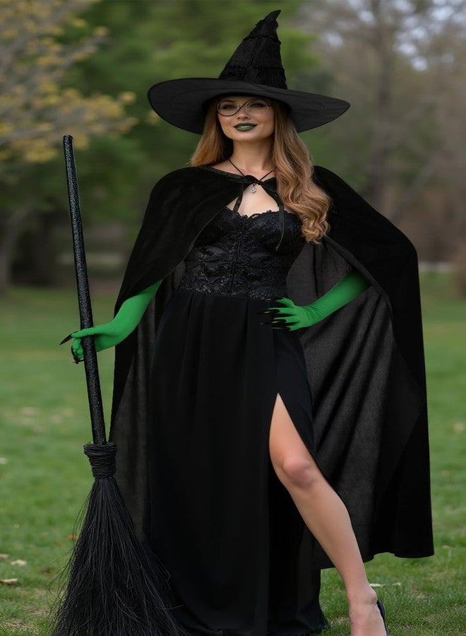 JEGERMIG 4-Piece Witch Costume Accessories Set, Halloween Cosplay Kit with Hat, Green Gloves, Round Glasses, Black Cape - Image 2