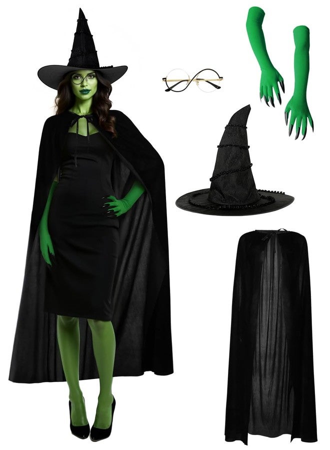 JEGERMIG 4-Piece Witch Costume Accessories Set, Halloween Cosplay Kit with Hat, Green Gloves, Round Glasses, Black Cape - Image 1
