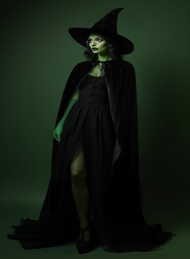 JEGERMIG 4-Piece Witch Costume Accessories Set, Halloween Cosplay Kit with Hat, Green Gloves, Round Glasses, Black Cape - Image 4