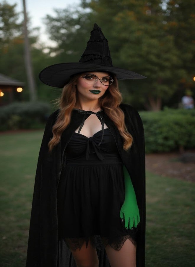 JEGERMIG 4-Piece Witch Costume Accessories Set, Halloween Cosplay Kit with Hat, Green Gloves, Round Glasses, Black Cape - Image 5