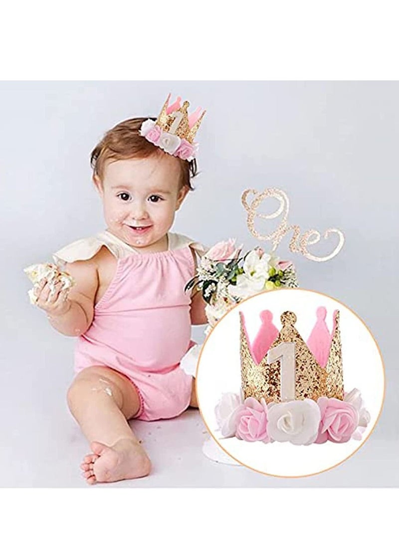 KASTWAVE Baby Girl 1 Birthday Crown for Baby, Hat Girl Decorations First for Baby Gifts Rose Gold Pink Crown Party One Year Old Princess Baby Hat for Handmade Birthday Crown Cap for Baby Girls Boys  - Image 1