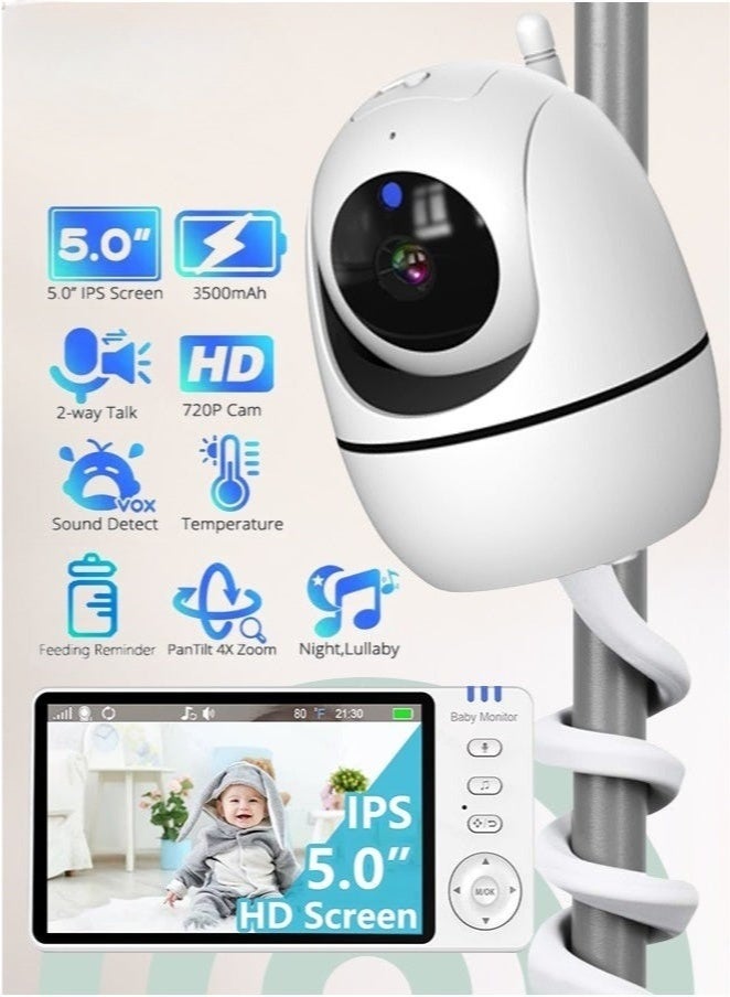 والالا جهاز مراقبة الأطفال مع كاميرا ورؤية ليلية، فيديو عالي الدقة 720 بكسل، شاشة IPS 5 بوصة، وضع VOX، صوت ثنائي الاتجاه، تنبيه درجة الحرارة، 8 تهويدات، كاميرا أمان داخلية للمنزل - Image 1