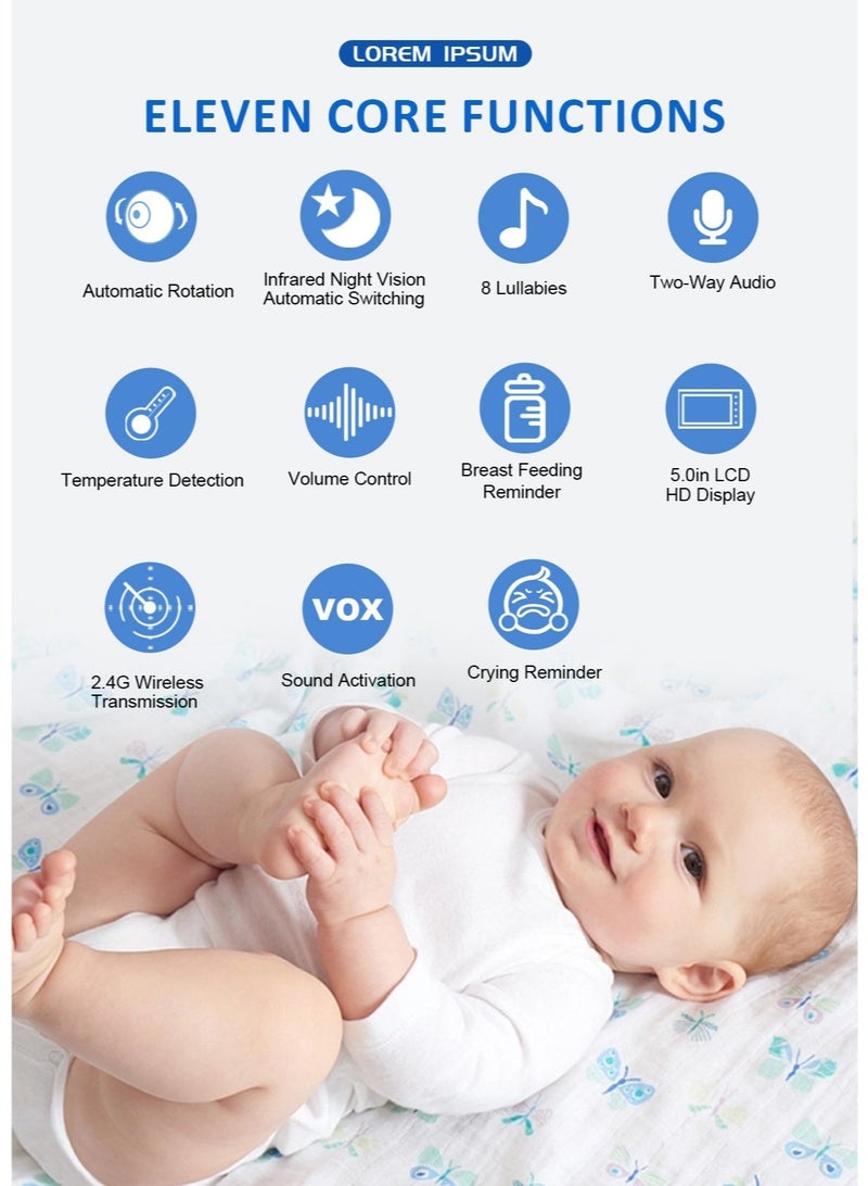 والالا جهاز مراقبة الأطفال مع كاميرا ورؤية ليلية، فيديو عالي الدقة 720 بكسل، شاشة IPS 5 بوصة، وضع VOX، صوت ثنائي الاتجاه، تنبيه درجة الحرارة، 8 تهويدات، كاميرا أمان داخلية للمنزل - Image 4