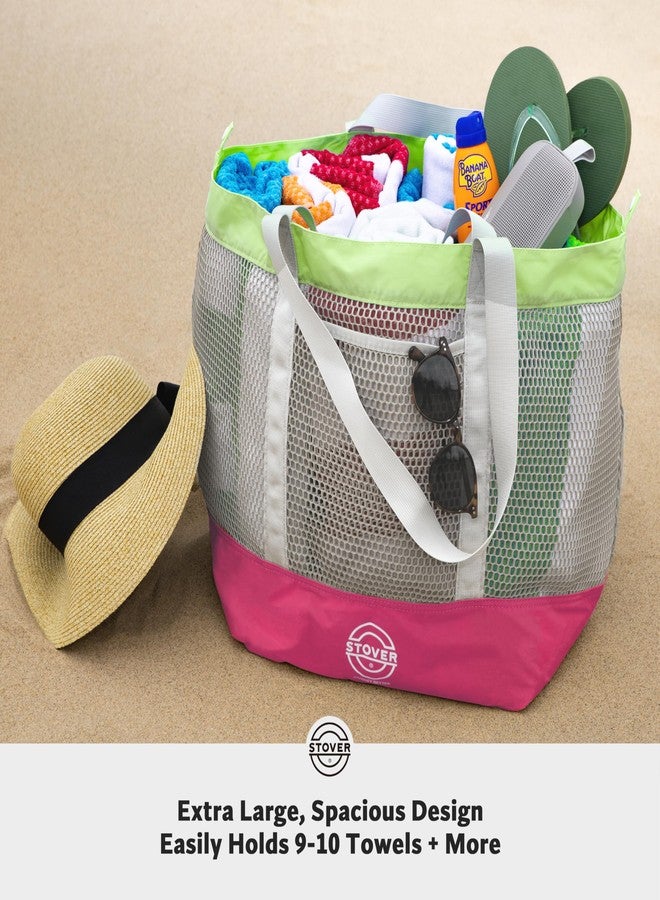 STOVER Large Mesh Beach Bag, Vacation, Pool, Shopping, & Travel Tote - Foldable w/Storage Pockets for Women, Men & Families, Pink, Large - Image 2