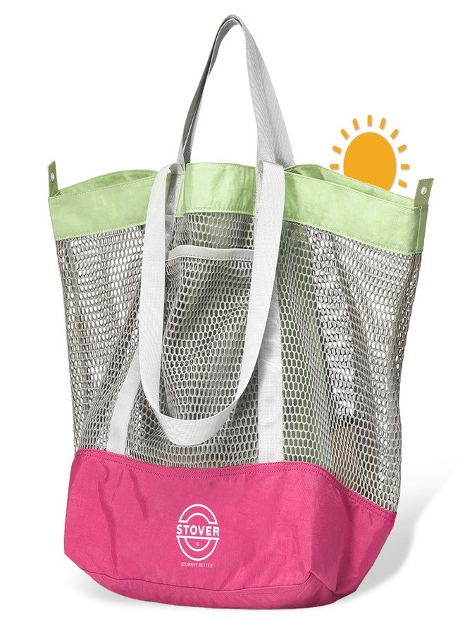 STOVER Large Mesh Beach Bag, Vacation, Pool, Shopping, & Travel Tote - Foldable w/Storage Pockets for Women, Men & Families, Pink, Large - Image 1