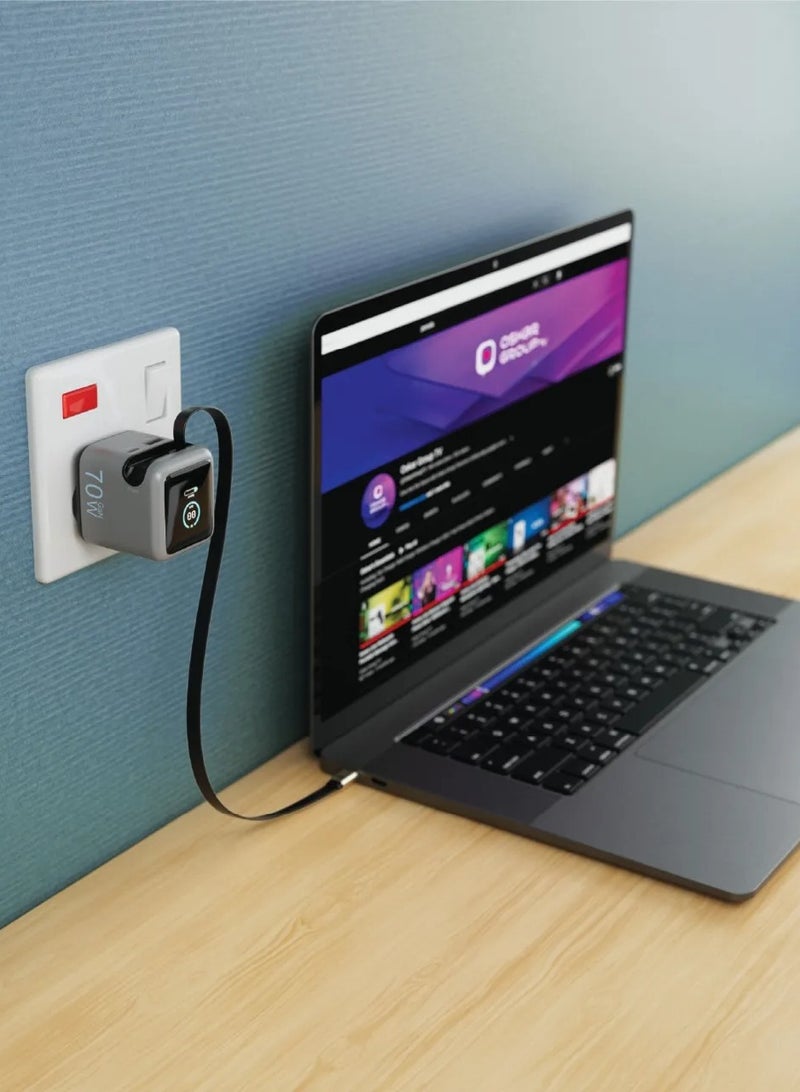 Powerology Halo Dual-Port GaN Charger 70W with Retractable 80cm Type-C Cable / Smart Power Display/ Built-in Safeguards/ 3-Device Charging/ Fast Charging/ Laptop Charger - Grey - Image 2