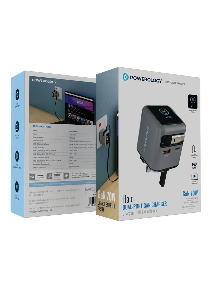 Powerology Halo Dual-Port GaN Charger 70W with Retractable 80cm Type-C Cable / Smart Power Display/ Built-in Safeguards/ 3-Device Charging/ Fast Charging/ Laptop Charger - Grey - Image 3