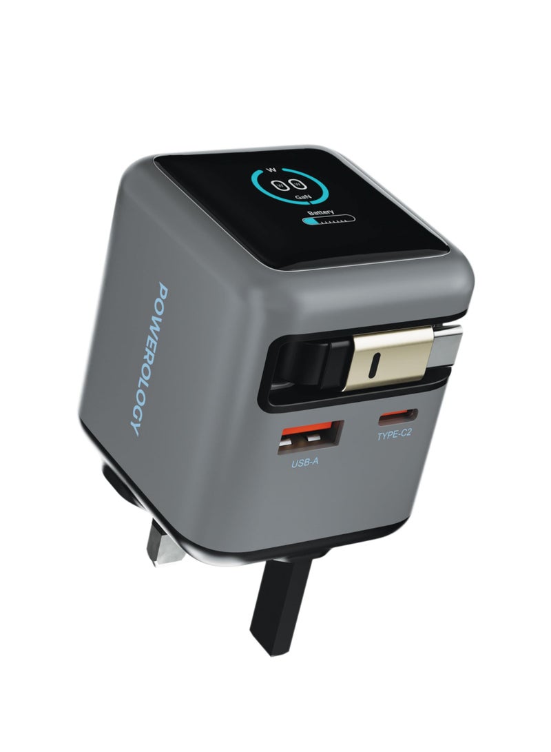 Powerology Halo Dual-Port GaN Charger 70W with Retractable 80cm Type-C Cable / Smart Power Display/ Built-in Safeguards/ 3-Device Charging/ Fast Charging/ Laptop Charger - Grey - Image 1