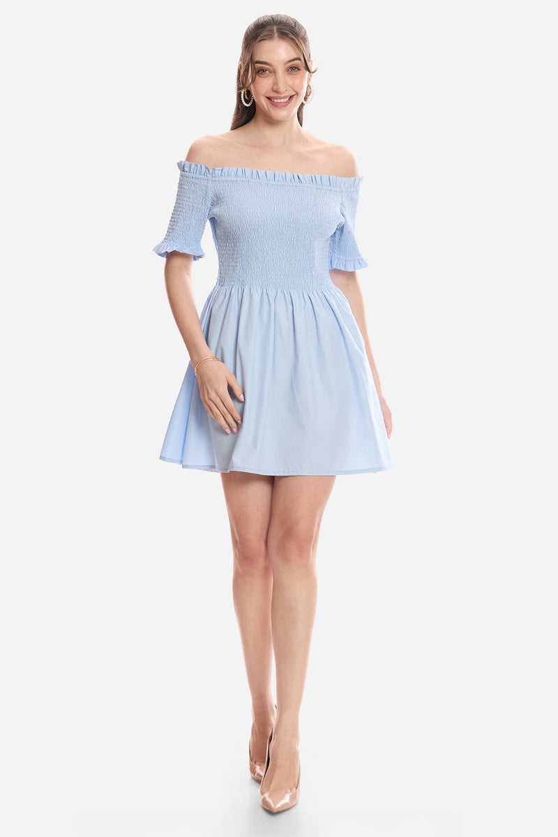 Virgio Solid Cotton Off-Shoulder Mini Dress for Women - Image 1