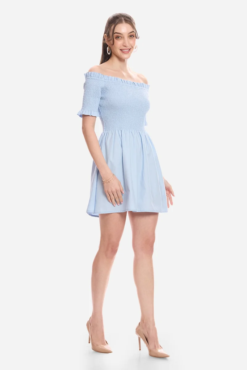 فيرجيو Solid Cotton Off-Shoulder Mini Dress for Women