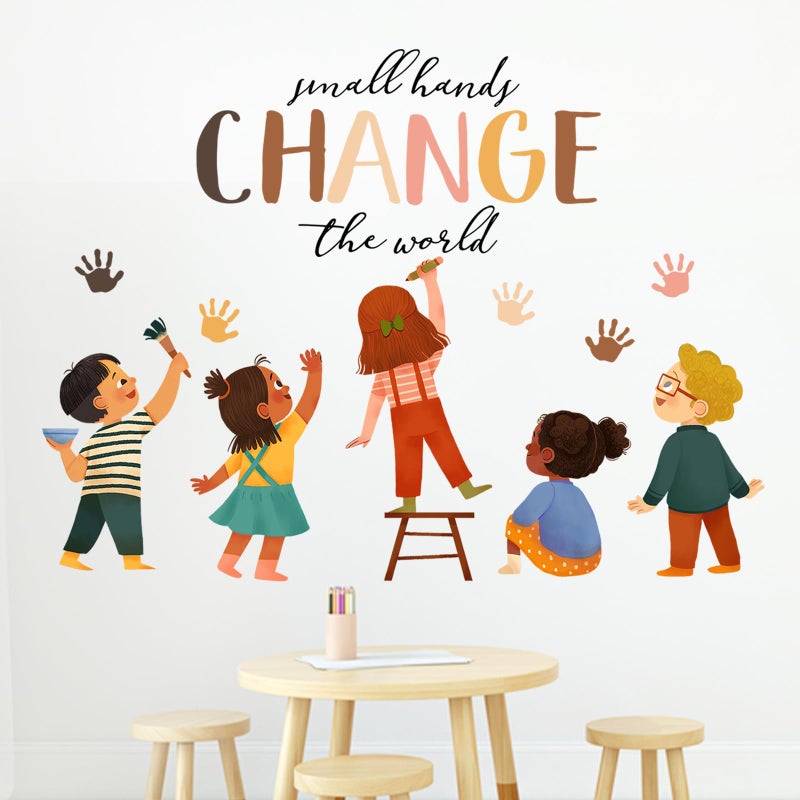 Mfault Small Hands Change The World Equality Wall Decals Stickers, Inspirational Quote Diversity Handprint Nursery Classroom Decorations Kids Bedroom Art, Toddlers Room Preschool Daycare Library Decor - Image 1