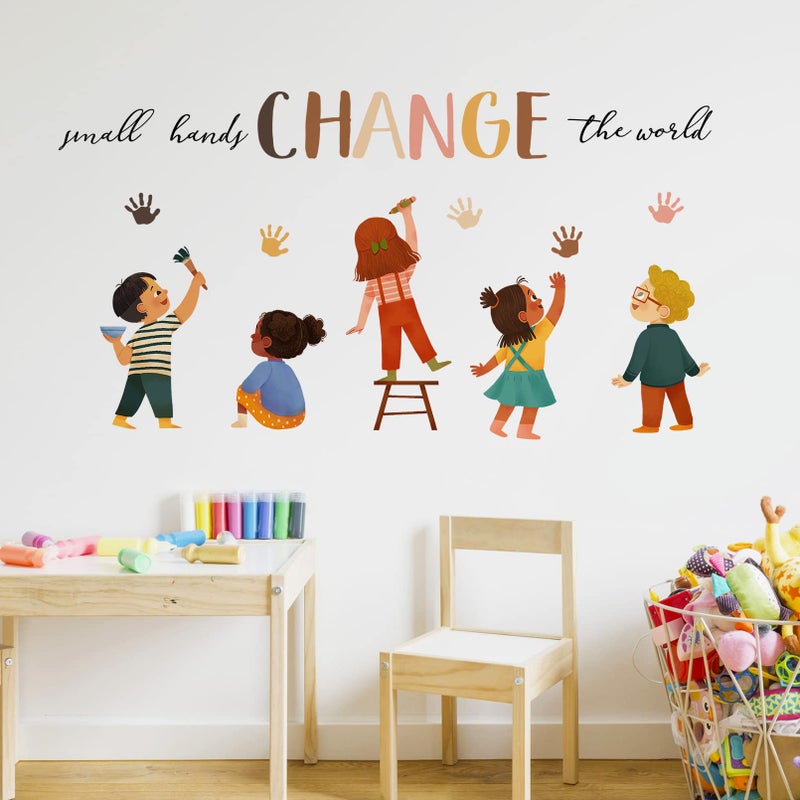 Mfault Small Hands Change The World Equality Wall Decals Stickers, Inspirational Quote Diversity Handprint Nursery Classroom Decorations Kids Bedroom Art, Toddlers Room Preschool Daycare Library Decor - Image 3