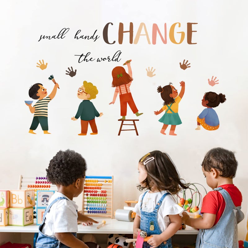 Mfault Small Hands Change The World Equality Wall Decals Stickers, Inspirational Quote Diversity Handprint Nursery Classroom Decorations Kids Bedroom Art, Toddlers Room Preschool Daycare Library Decor - Image 4